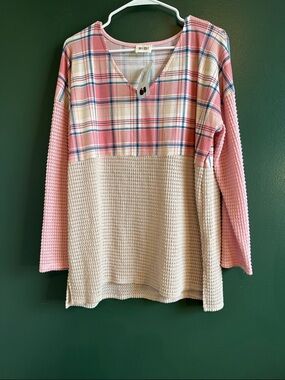 BiBi Pink and Blue Plaid Mix Oversized Knit Top